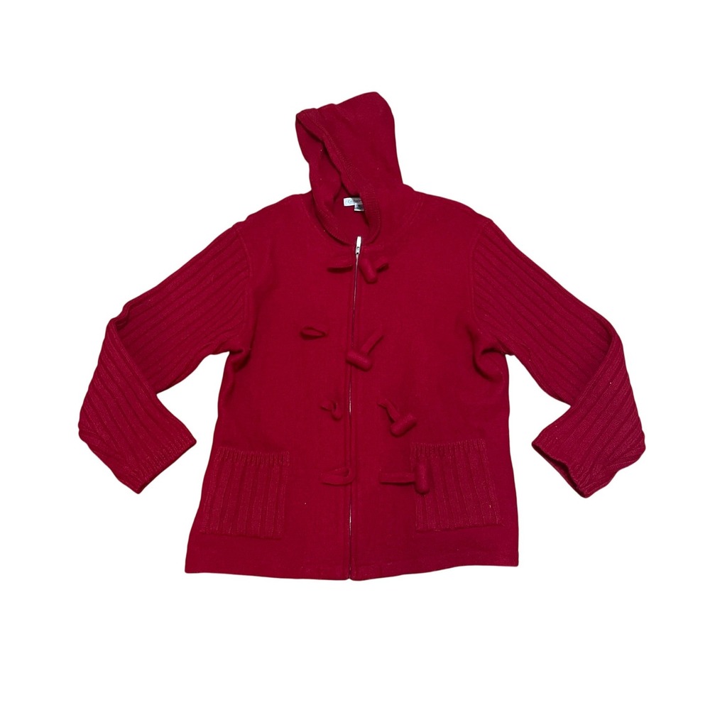 VTG Coldwater Creek Women's XL Red Wool Hooded Zip Toggle Cardigan Sweater